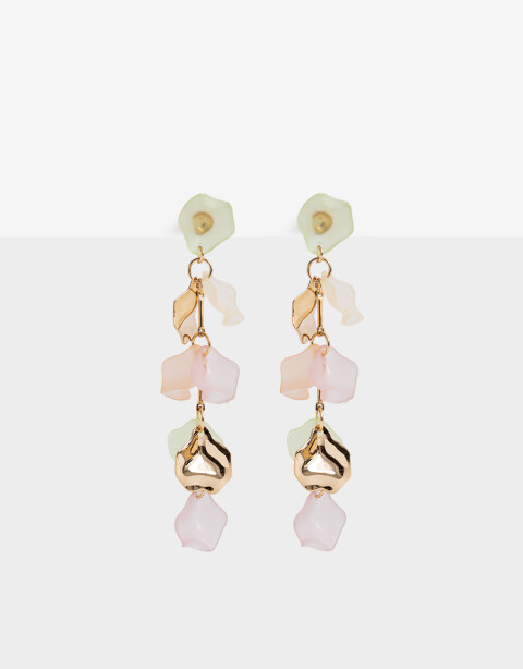 Aros Colgantes Largos Acrilico Aros Largos Acrílico Con Flores - Dorado