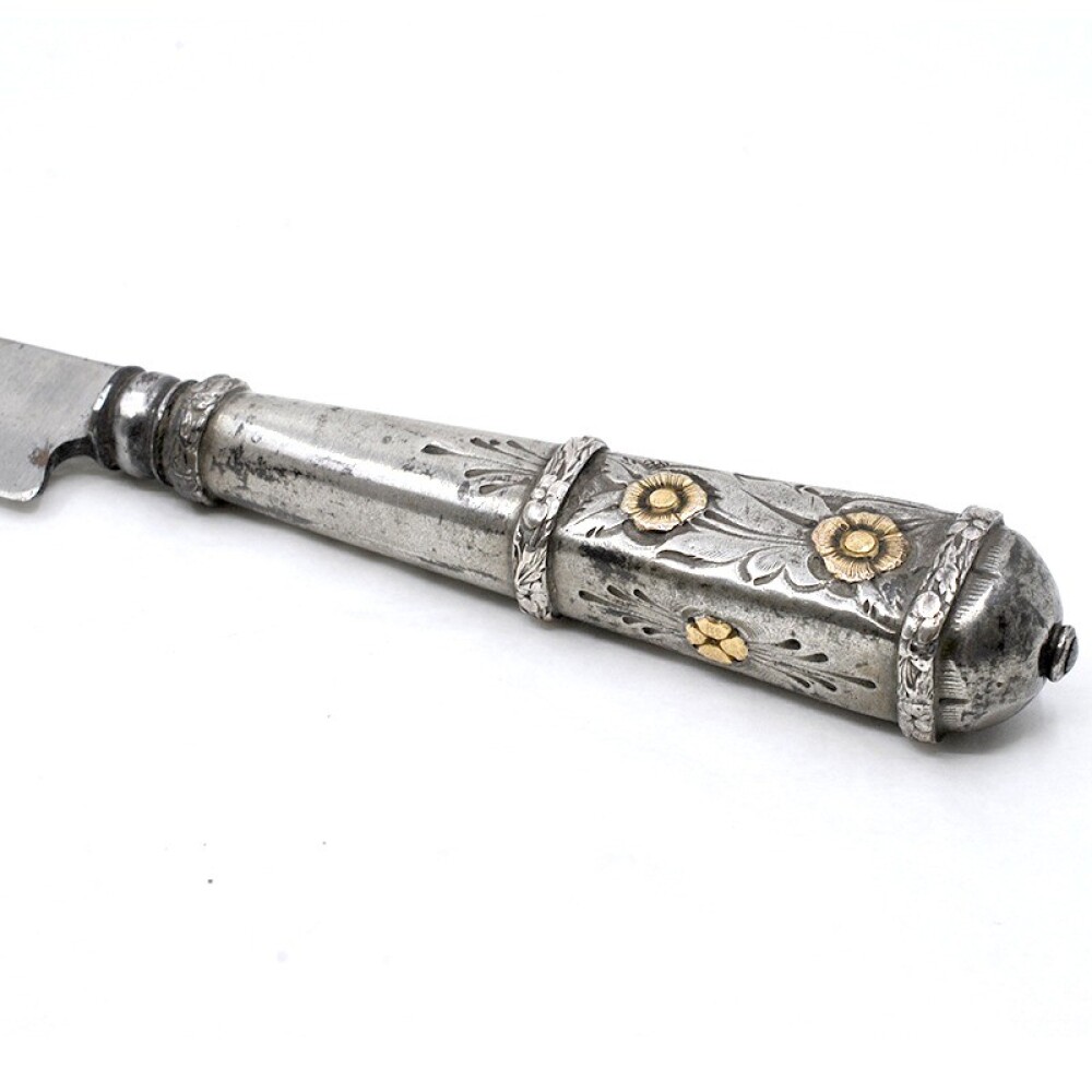 Cuchillo Antiguo Plata Y Oro, Hoja J.M Mailhos " Cazador Al Filo" Acier Fondu, Vaina Cuero Cuchillo Antiguo Plata Y Oro, Hoja J.M Mailhos " Cazador Al Filo" Acier Fondu, Vaina Cuero