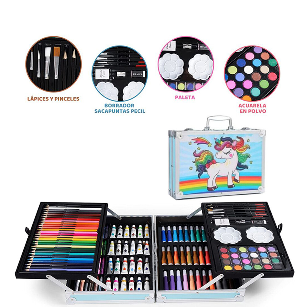 Valija Set Completo 145 Piezas Marcadores Pinturas Pinceles Celeste