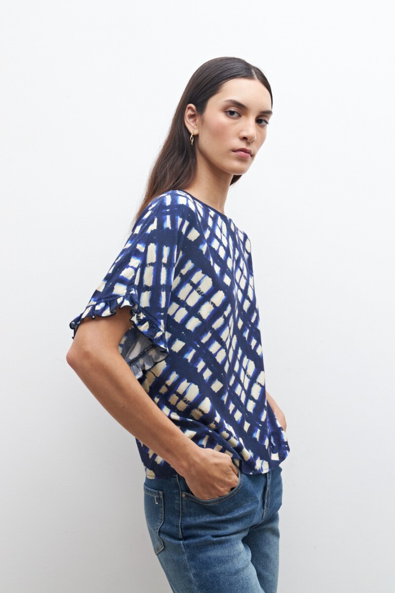 Blusa estampada con volados azul marino