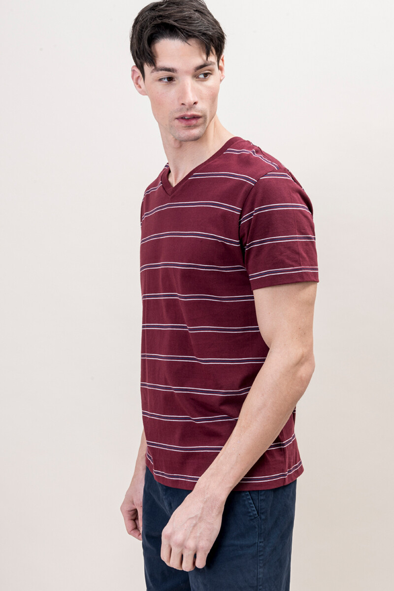 Camiseta a rayas con cuello en V Bordeaux