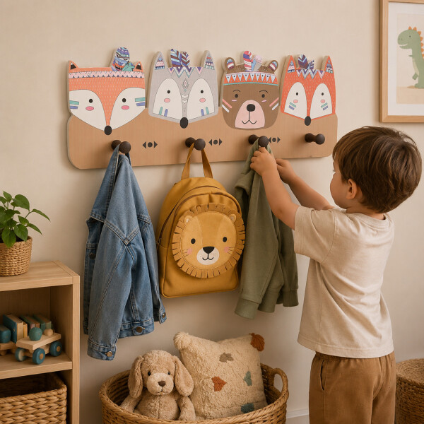 Perchero Infantil De Pared Animales 4 Ganchos Redondeado MDF Marrón 1