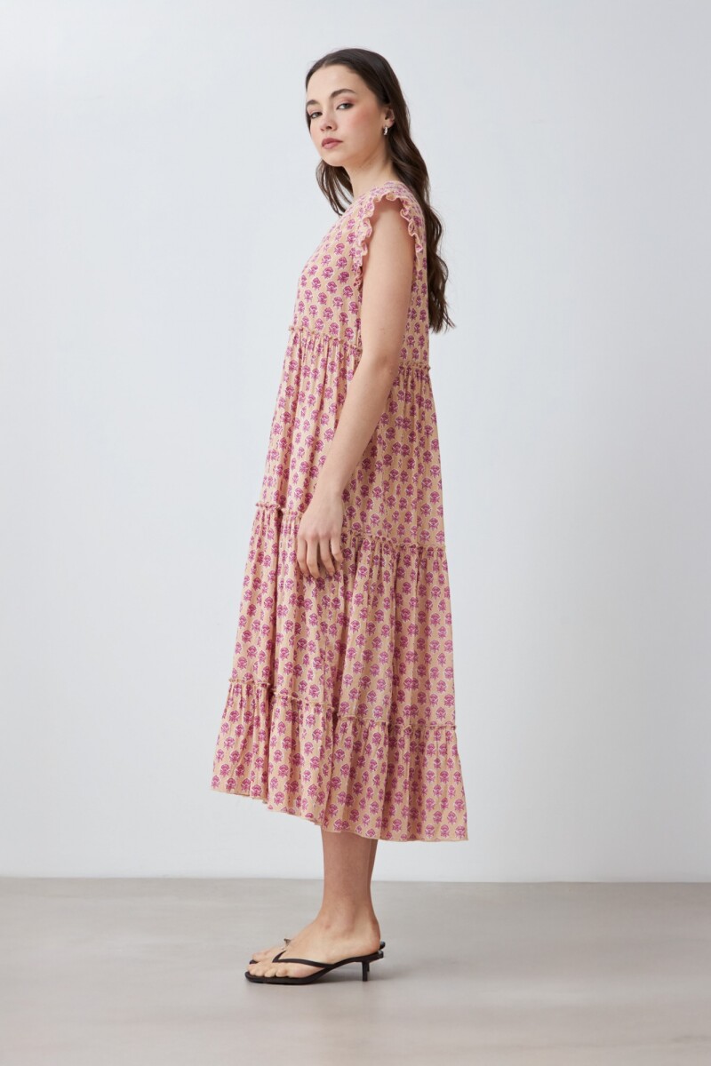 Maxi vestido romantico estampa liberty floral rosa