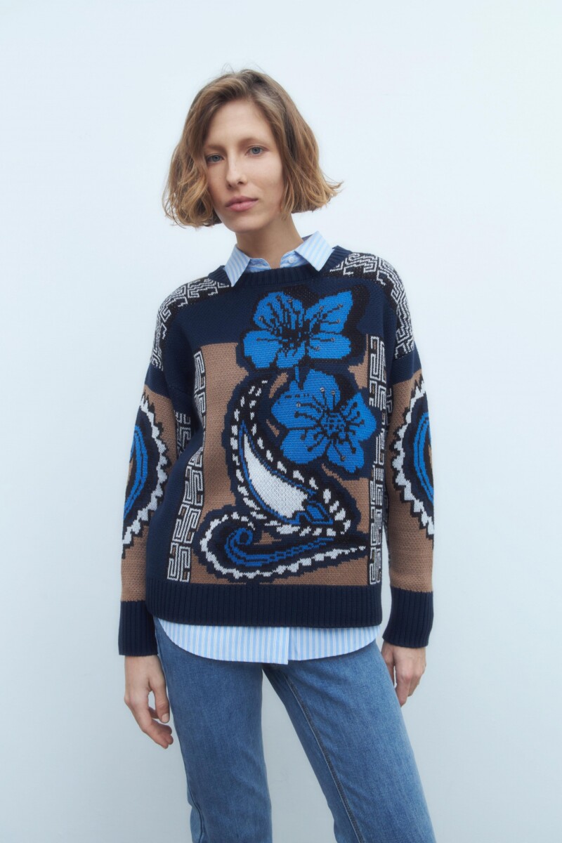 Sweater jacquard arabesco - azul marino 