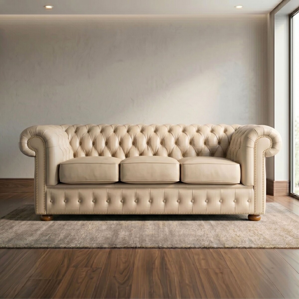Sillón 100% Cuero - 3 Cuerpos - Chesterfield - Arena 