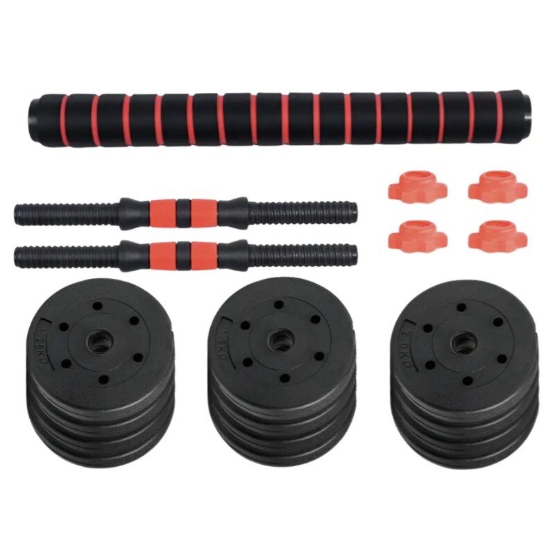 Set 2 Mancuernas Lumax + Barra 2 en 1 + 30kg Discos Pesas Rojo