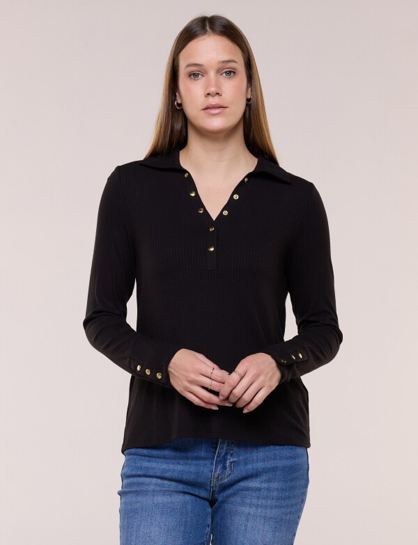 Remera Cuello Polo Con Botones NEGRO