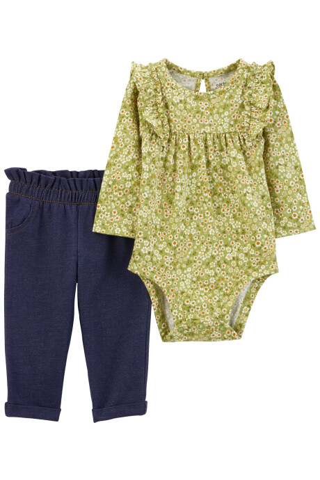 Set dos piezas de algodón, pantalón y body, diseño floral Sin color