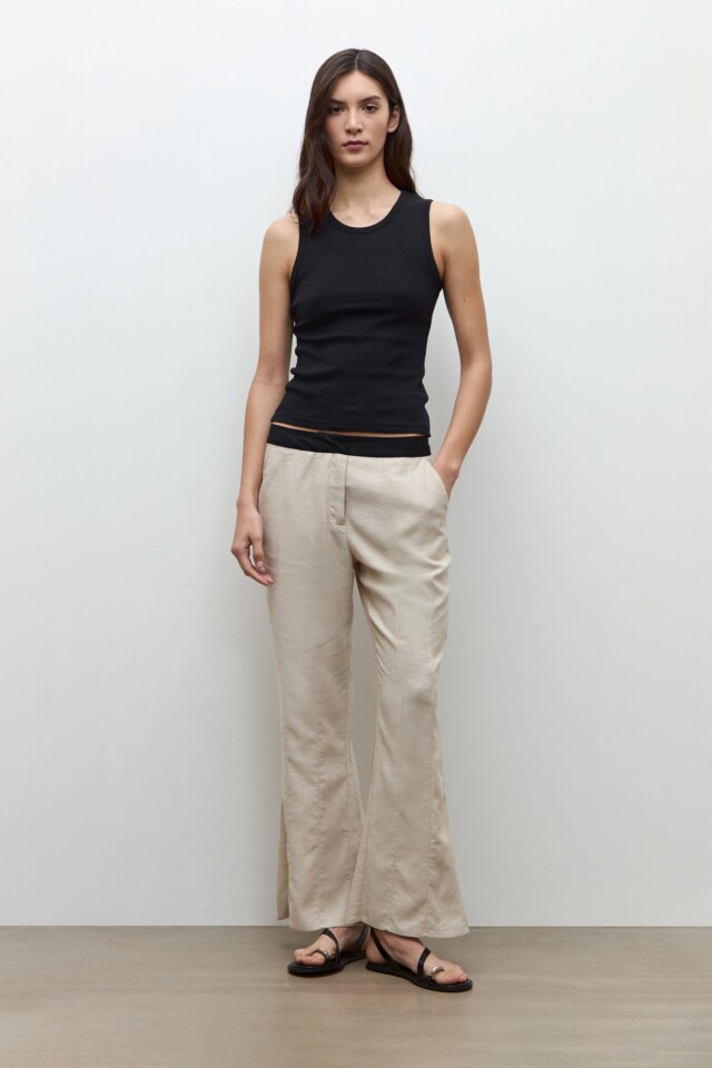 Pantalon lino cortes y godets beige melange