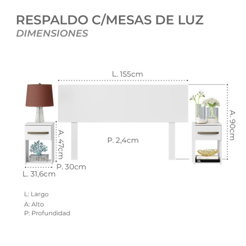Combo Respaldo, 2 Mesas de Luz y Cómoda - MDP - Blanco Combo Respaldo, 2 Mesas de Luz y Cómoda - MDP - Blanco