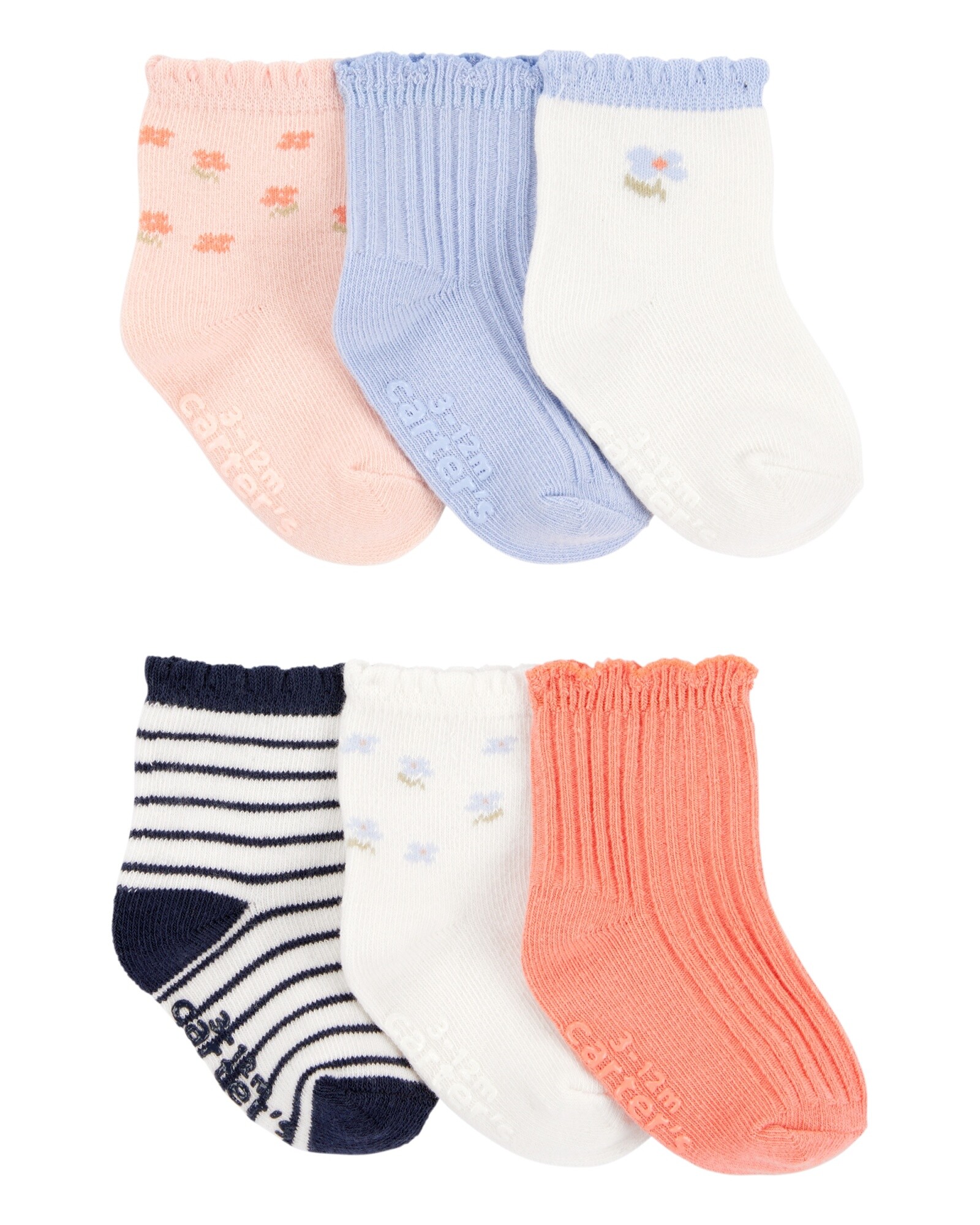 Pack seis pares de medias de algodón, diseño floral Sin color