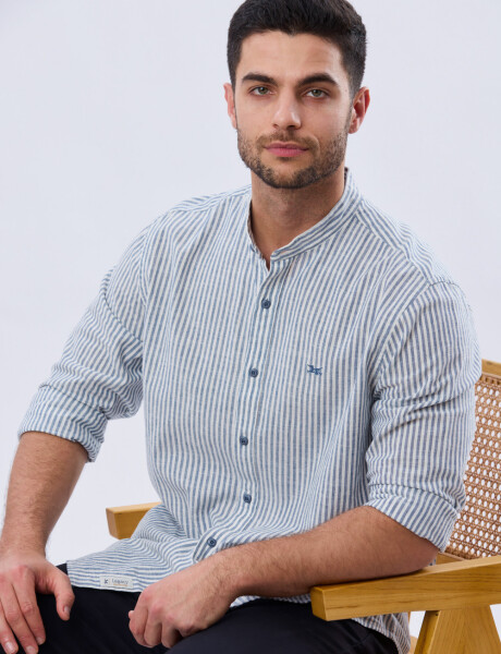 CAMISA RAYADA DE LINO CUELLO MAO Denim