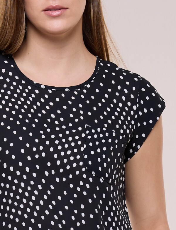 Blusa De Gasa Manga Corta Con Bolsillo Frontal NEGRO/BLANCO