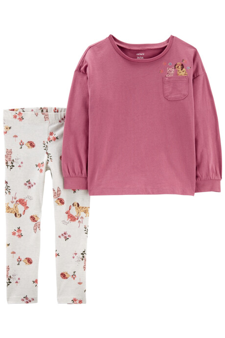 Set dos piezas calza y remera con bolsillo estampa mascotas de algodón Sin color