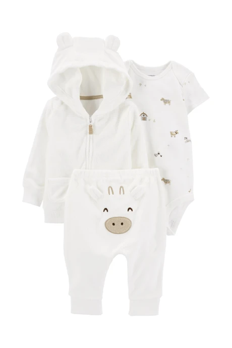 Set tres piezas campera y pantalón de terry más body, diseño vaca Set tres piezas campera y pantalón de terry más body, diseño vaca