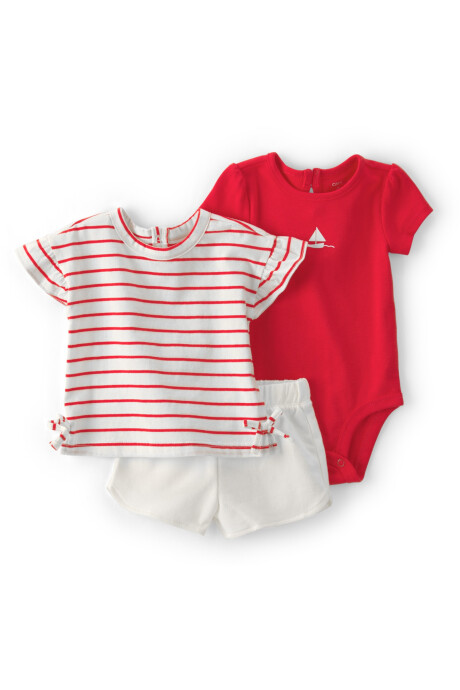 Set tres piezas de algodón, short, remera y body, rojo y blanco, estampa velero Sin color