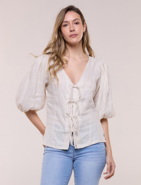 Blusa Lino Con Lazos BEIGE CLARO