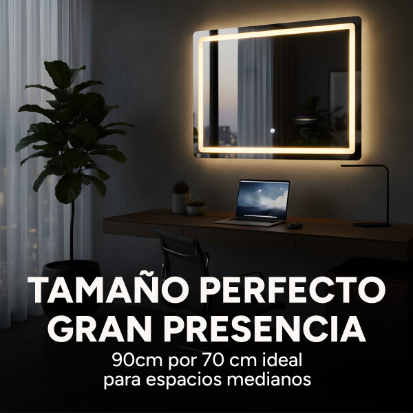 Espejo Rectangular Baño Táctil 3 Modos Retroiluminado 90X70 Rectangular