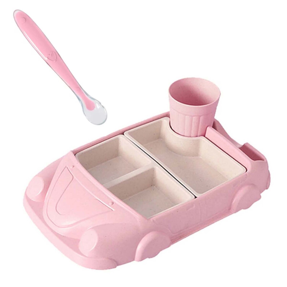 Set Comida Bebé Diseño Auto Platos y Vaso Plástico + Cuchara - Rosa 