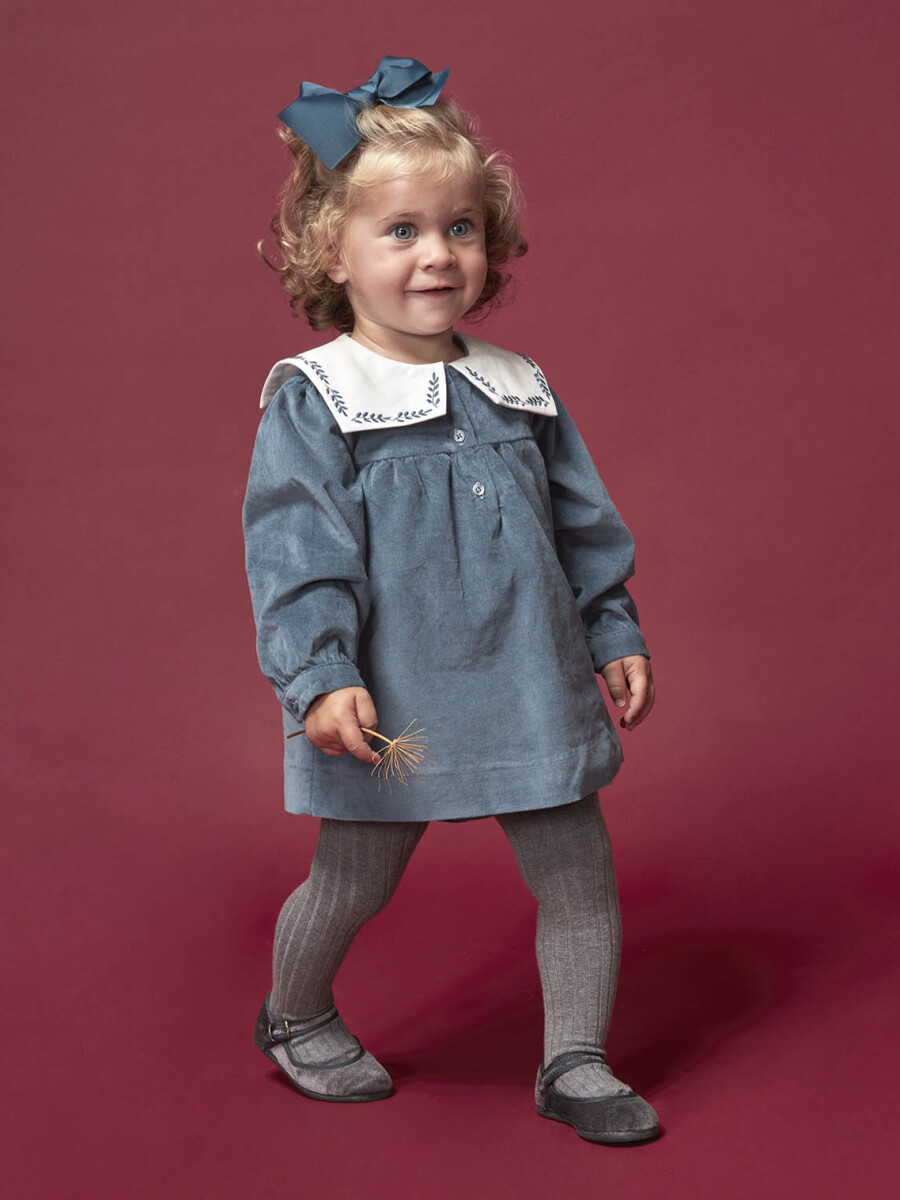 Vestido Cuello Marinero Bordado Gris Azulado