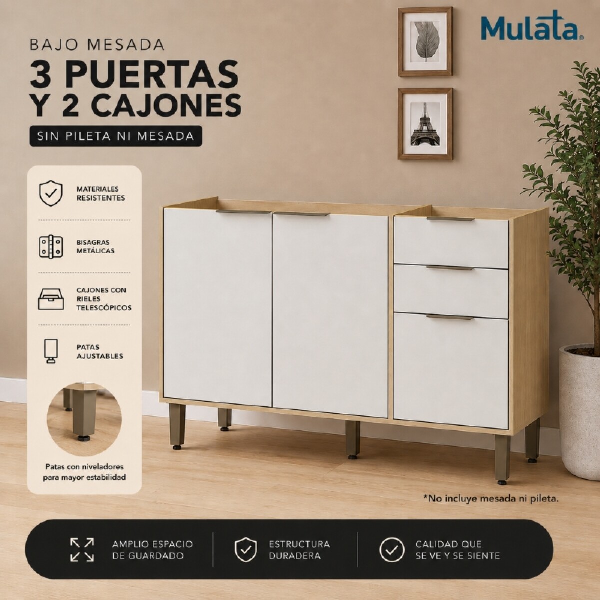 Bajo Mesada Gloria 120 cm de ancho 3 Puertas 2 Cajones Rieles Telescópicos 