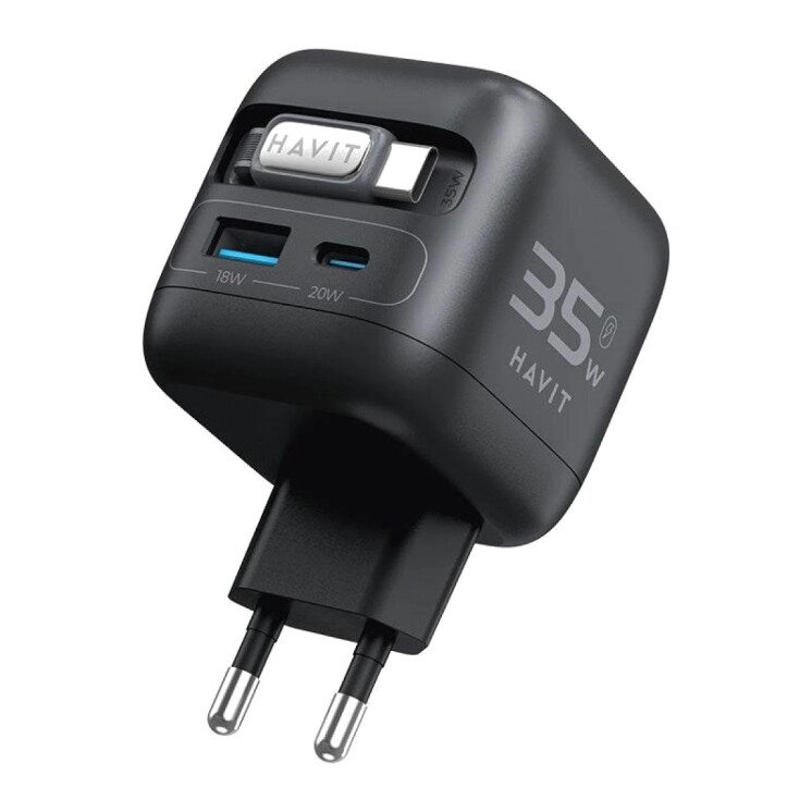Cargador Havit UC250 GaN 35 W con Cable USB-C Retráctil y Cargador para Reloj Cargador Havit UC250 GaN 35 W con Cable USB-C Retráctil y Cargador para Reloj