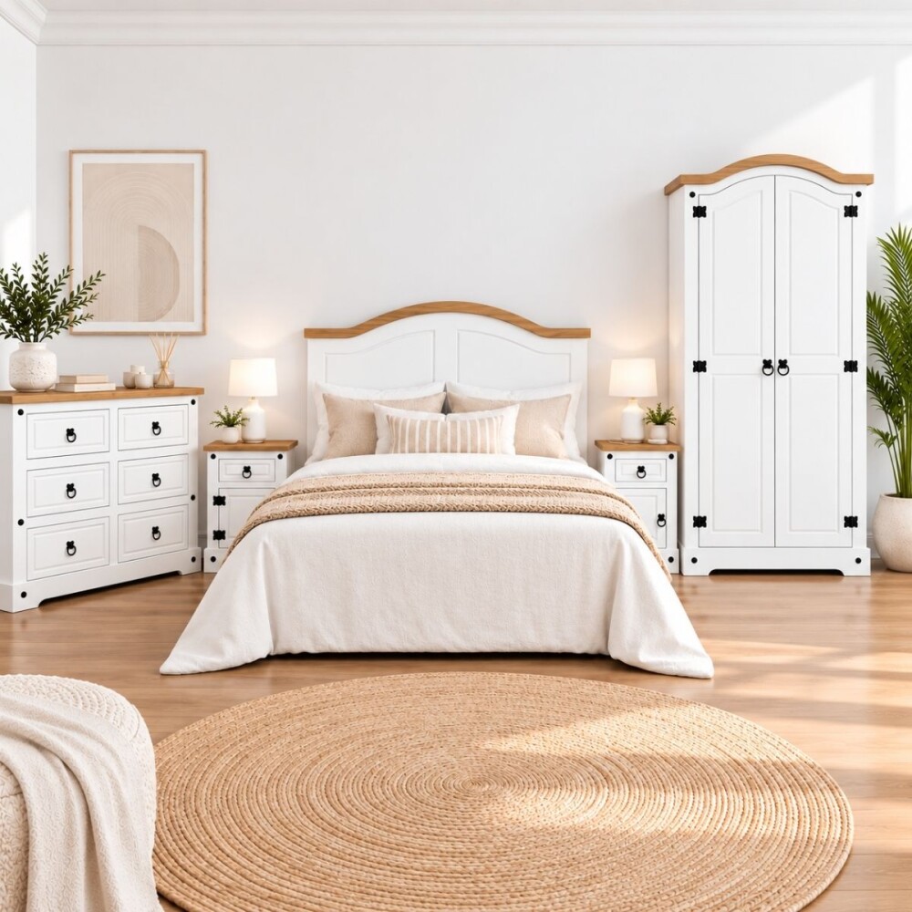 COMBO DORMITORIO - LINEA CORONA ROPERO 2 PUERTAS + CÓMODA + 2 MESAS DE LUZ + RESPALDO COMBO DORMITORIO - LINEA CORONA ROPERO 2 PUERTAS + CÓMODA + 2 MESAS DE LUZ + RESPALDO