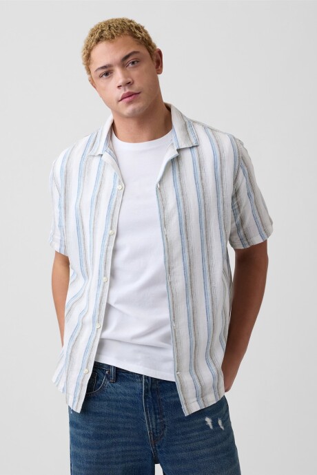 Camisa Manga Corta Lino Hombre Green Stripe
