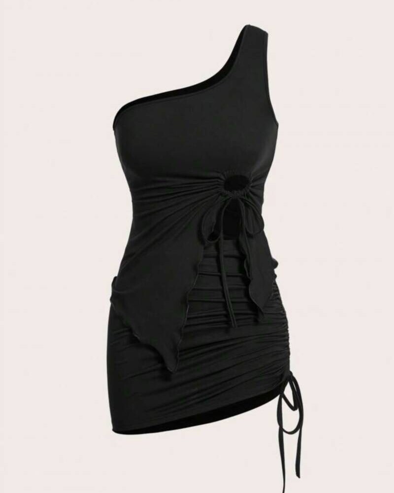 CONJUNTO TOP ASIMETRICO Y FALDA NEGRO Negro
