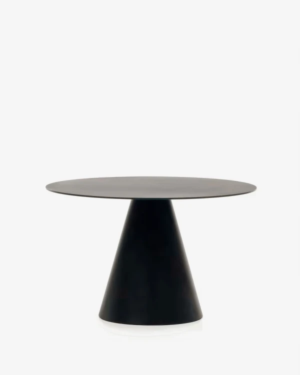 Mesa Wilshire de cristal templado y metal con acabado pintado negro Ø 120 cm Mesa Wilshire de cristal templado y metal con acabado pintado negro Ø 120 cm