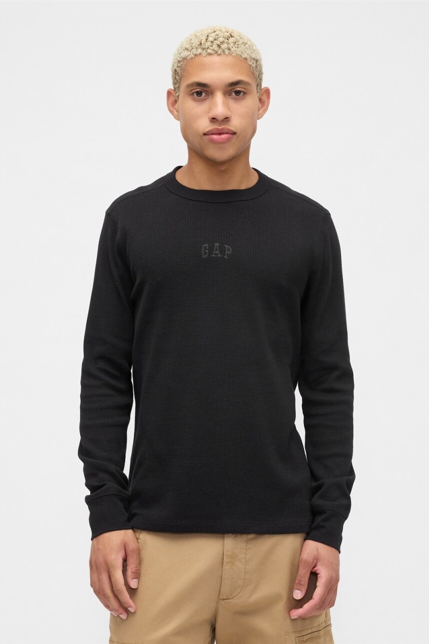 Remera Waffle Manga Larga Logo Gap Hombre Black