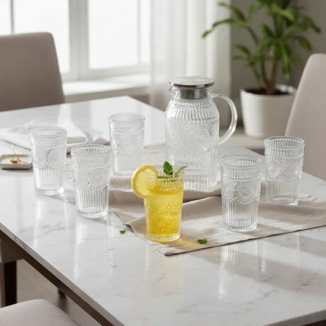 Set Jarra Vidrio + 6 Vasos Labrados Vintage Transparente