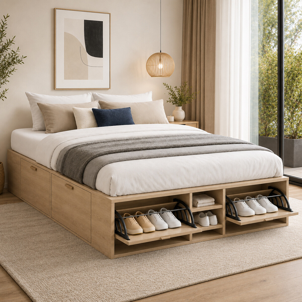 Cama Queen Size 1.60 mt - con zapatera y cajones - Beige 