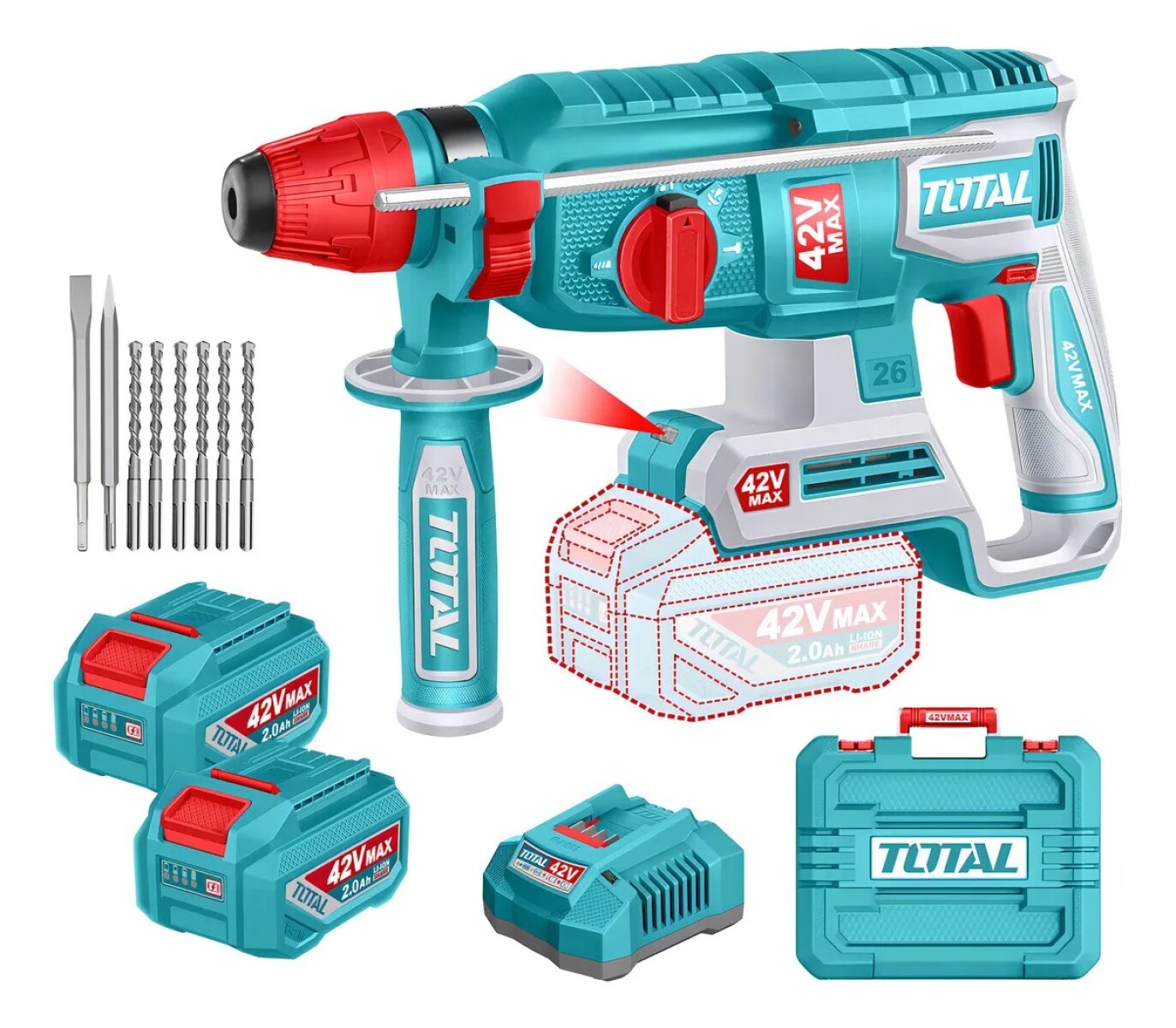 Rotomartillo Inalámbrico Total 42v 2.5 J, Encastre Sds Plus Con 2 Baterías, Cargador, 6 Mechas Y Maletín TRHLI422682 