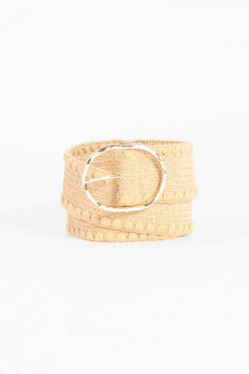 Cinturón elástico tipo rafia hebilla metálica beige