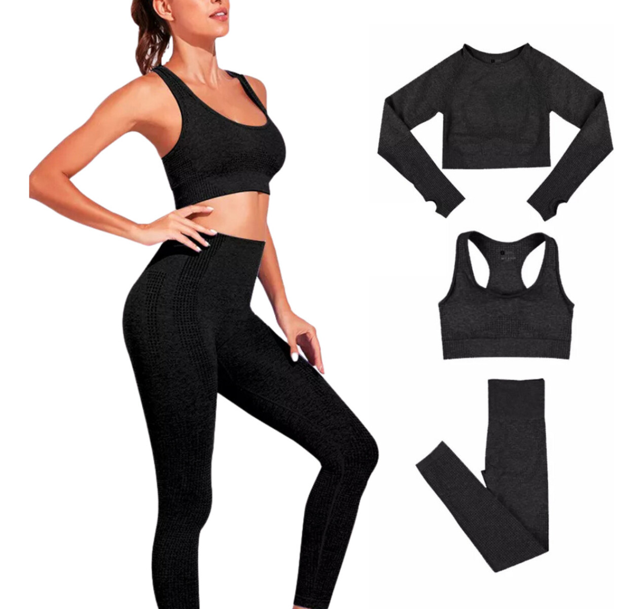 Conjunto Deportivo Dama X3 Piezas Calza Top Ejercicio Yoga - Negro 