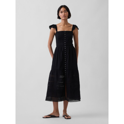 SL RUFFLE SLV LACE INSERT MAXI DRESS TRUE BLACK V2