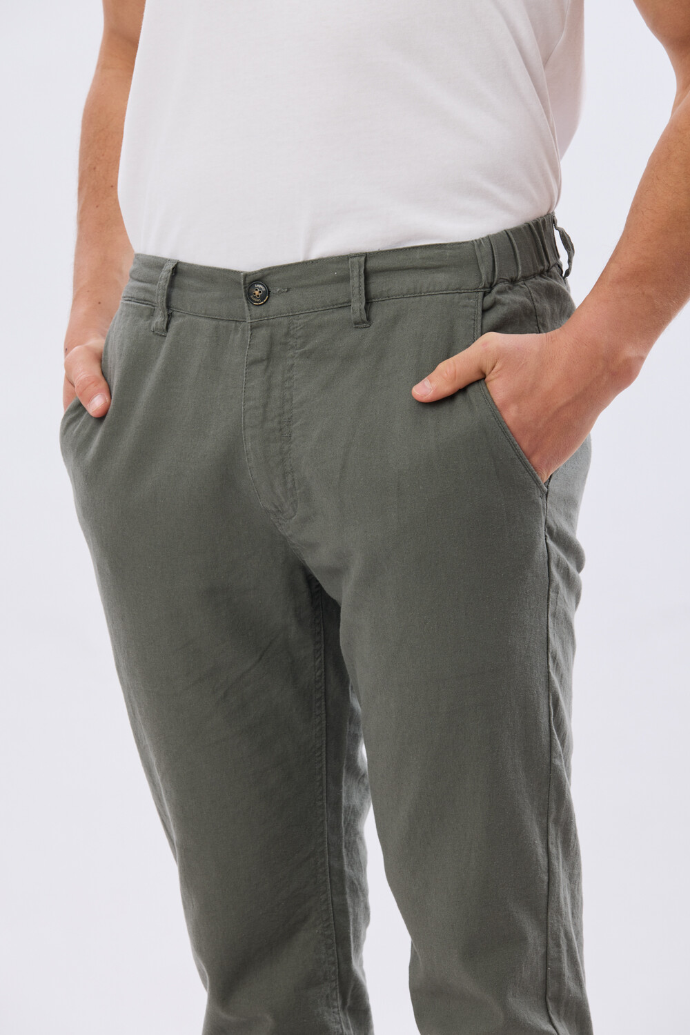 PANTALÓN DE LINO CON CINTURA ELASTIZADA Verde Oscuro