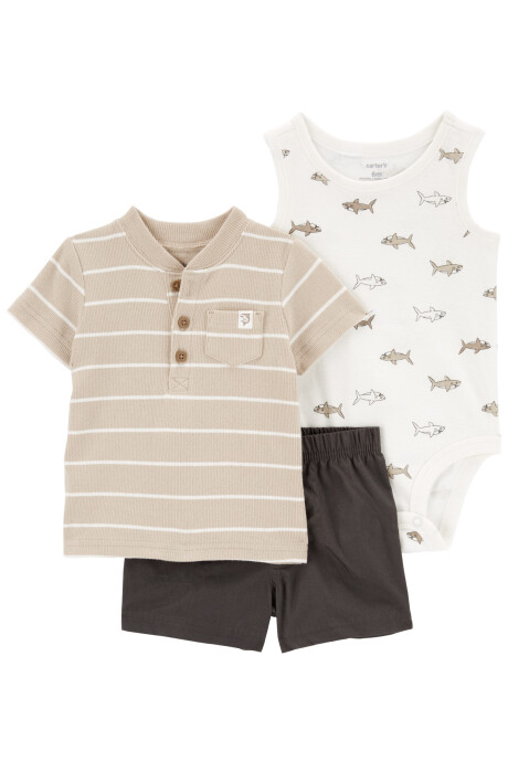 Set tres piezas de algodón, short, remera henley y body diseño tiburones Set tres piezas de algodón, short, remera henley y body diseño tiburones