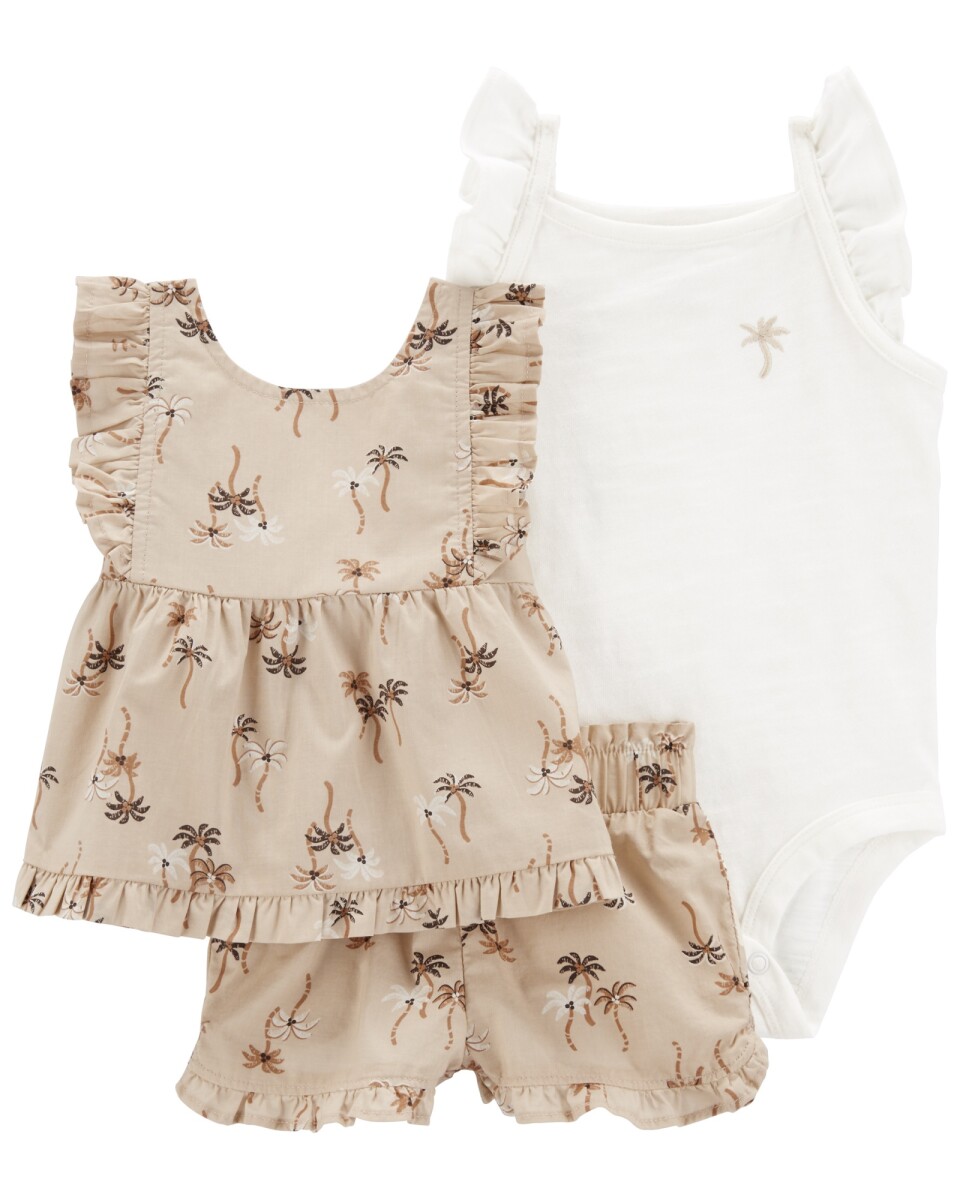 Set tres piezas, short y musculosa de popelina más body de algodón, diseño palmeras 