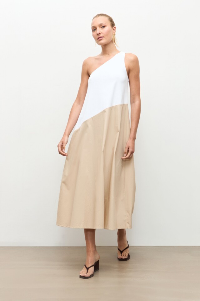 Maxi vestido un hombro bicolor beige