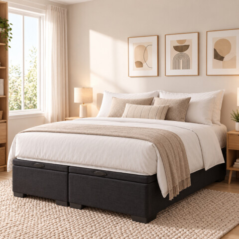 Base Box Baul para Sommier Colchon - Estructura Madera Maciza - Negro 178 x 198 x 35 cm Doble