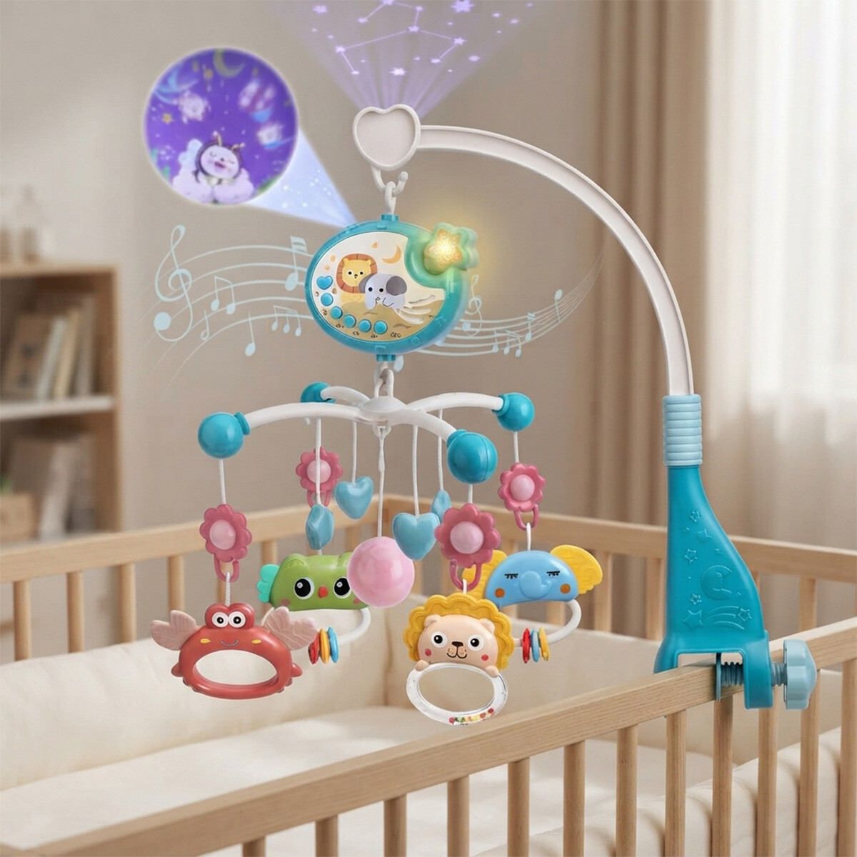 Móvil para Cuna con Protector, Sonajeros, Luz y Música 
