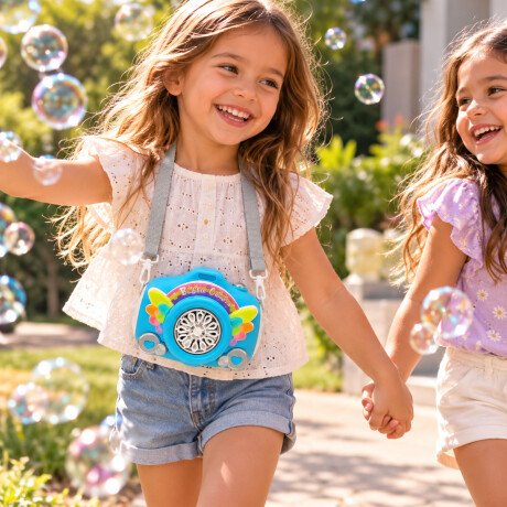 Burbujero con forma de cámara y correa para niños Celeste