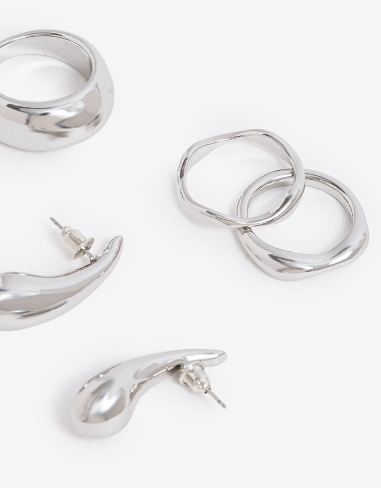 Bijouterie Set Metal Set De Aros Y Anillos Metal - Plateado Rodio
