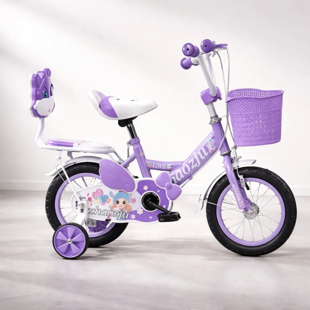 Bicicleta rodado 16 con rueditas, canasto y asiento trasero. Lila