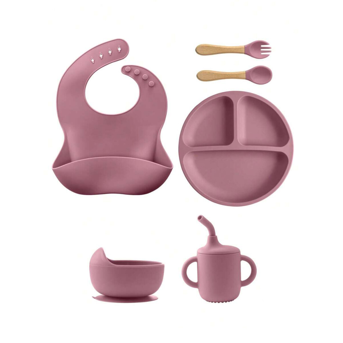 Set de alimentación de silicona para bebé – 6 piezas - Rosado Viejo 