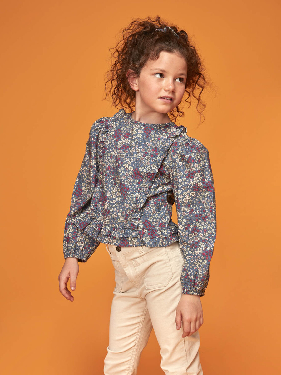 Blusa De Flores Con Tiras Fruncidas Azul Viejo