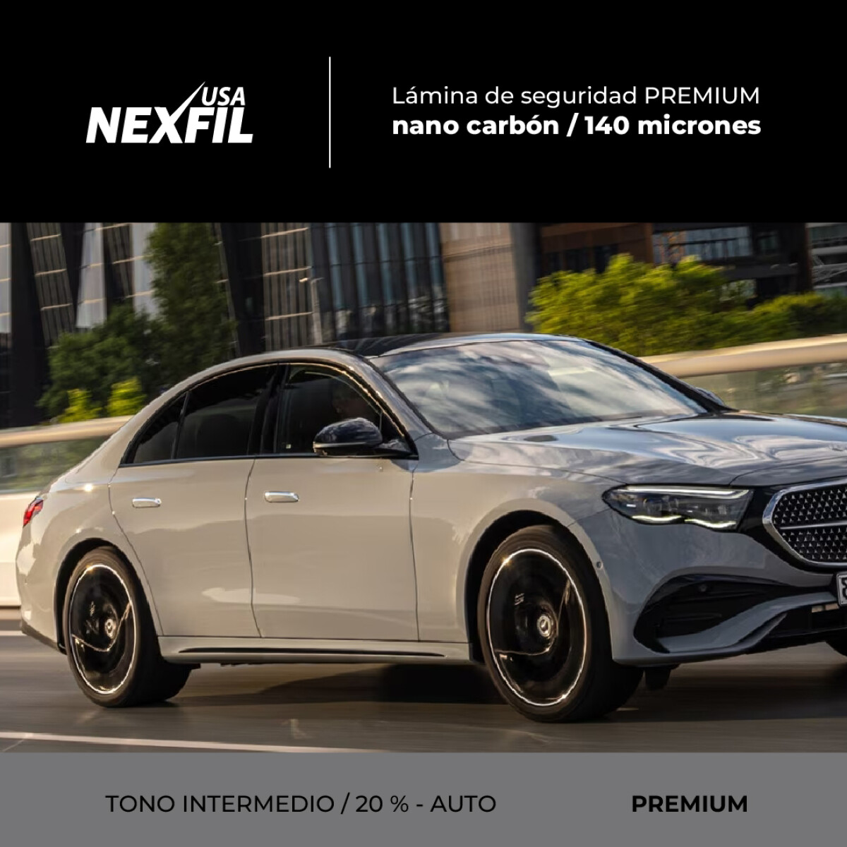 Polarizado Premium Auto. Marca Nexfil - Nanocarbón. Tono: Intermedio. 140 Micrones 