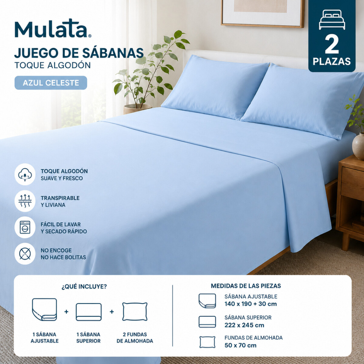 Juego De Sabanas 2 Plazas Toque Algodón Sommier Azul Celeste 